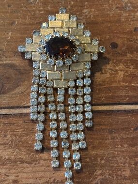 Gold-Tone Amber and Clear Rhinestone Fringe Brooch